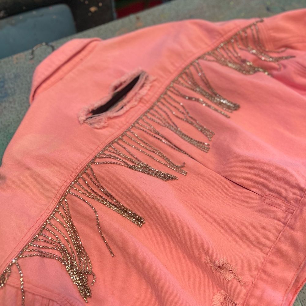Pink Diamond Fringe Distressed Denim Jacket - Picture 8 of 16